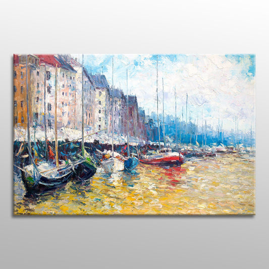 Large Oil Painting Rotterdam Fishing Boats, Oil Painting Abstract, Large Canvas Wall Art, Abstract Canvas Art, Seascape Oil Painting