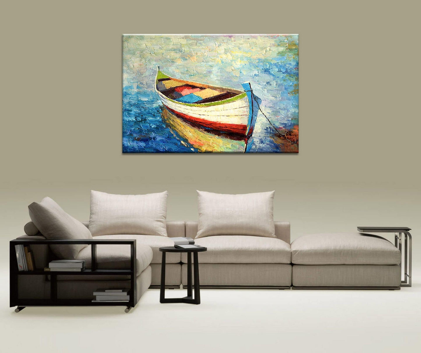 Large Oil Painting Fishing Boat Seascape Bedroom Decor, Aesthetic Room Decor, Unique Wall Art, Canvas Wall Art Abstract, Oil Painting Blue