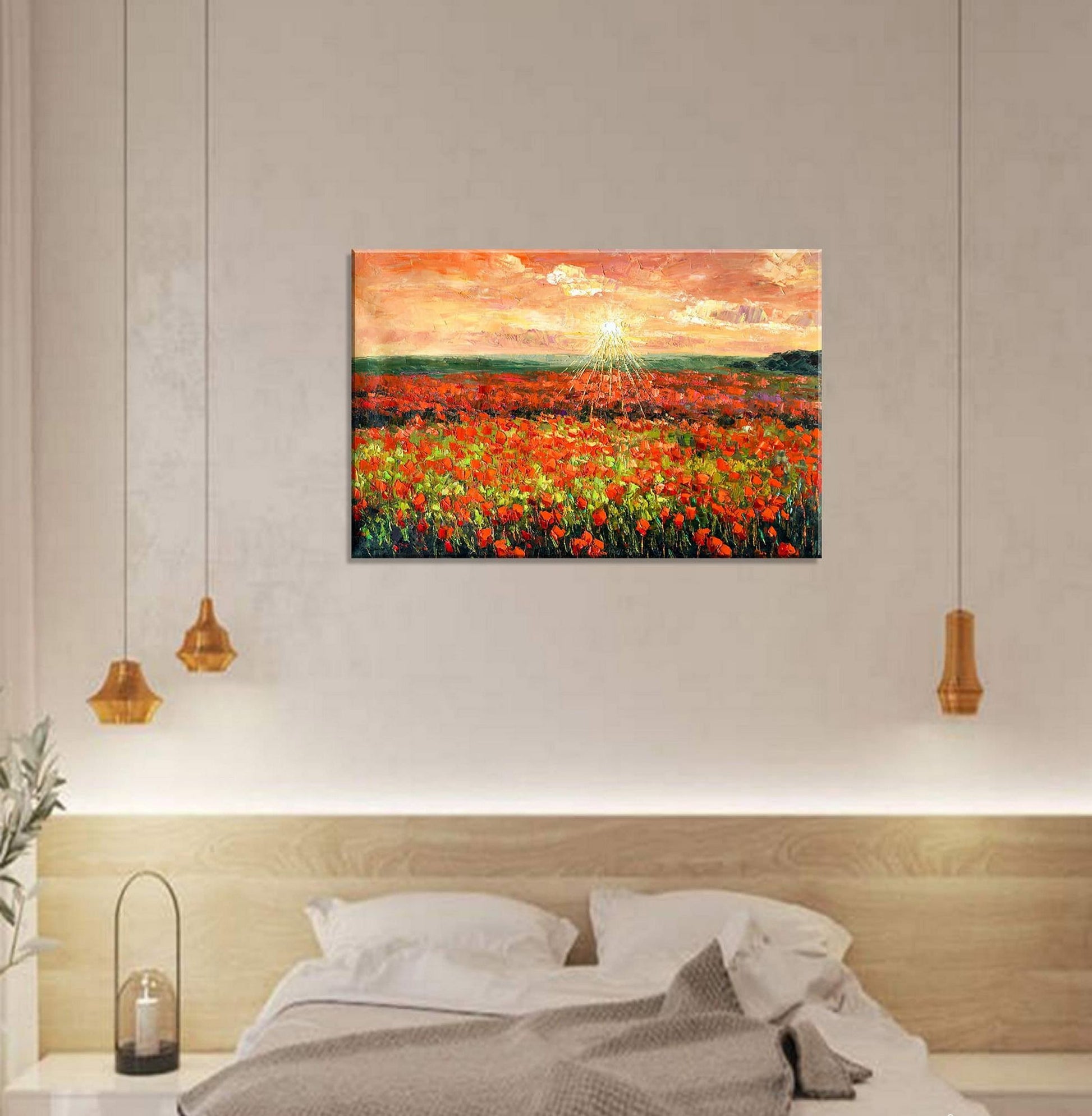 Large Landscape Oil Painting Poppy Fields at Dawn, Original Artwork, Canvas Painting, Canvas Wall Decor, Large Painting, Kitchen Wall Art