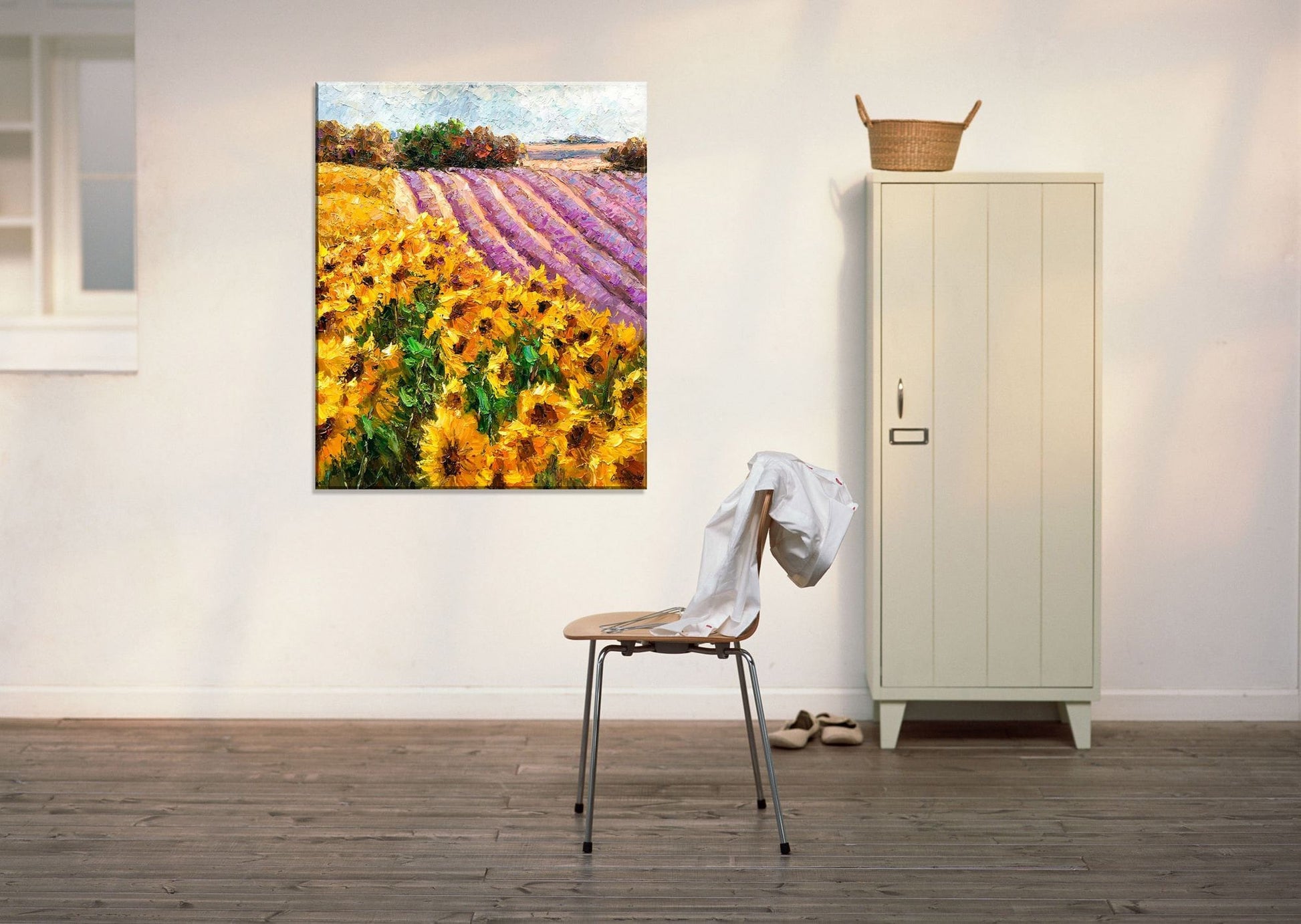 Landscape Oil Painting Lavender Fields With Sunflowers, Fine Art, Wall Art Painting, Hand Painted, Modern Art, Impasto Paintings On Canvas