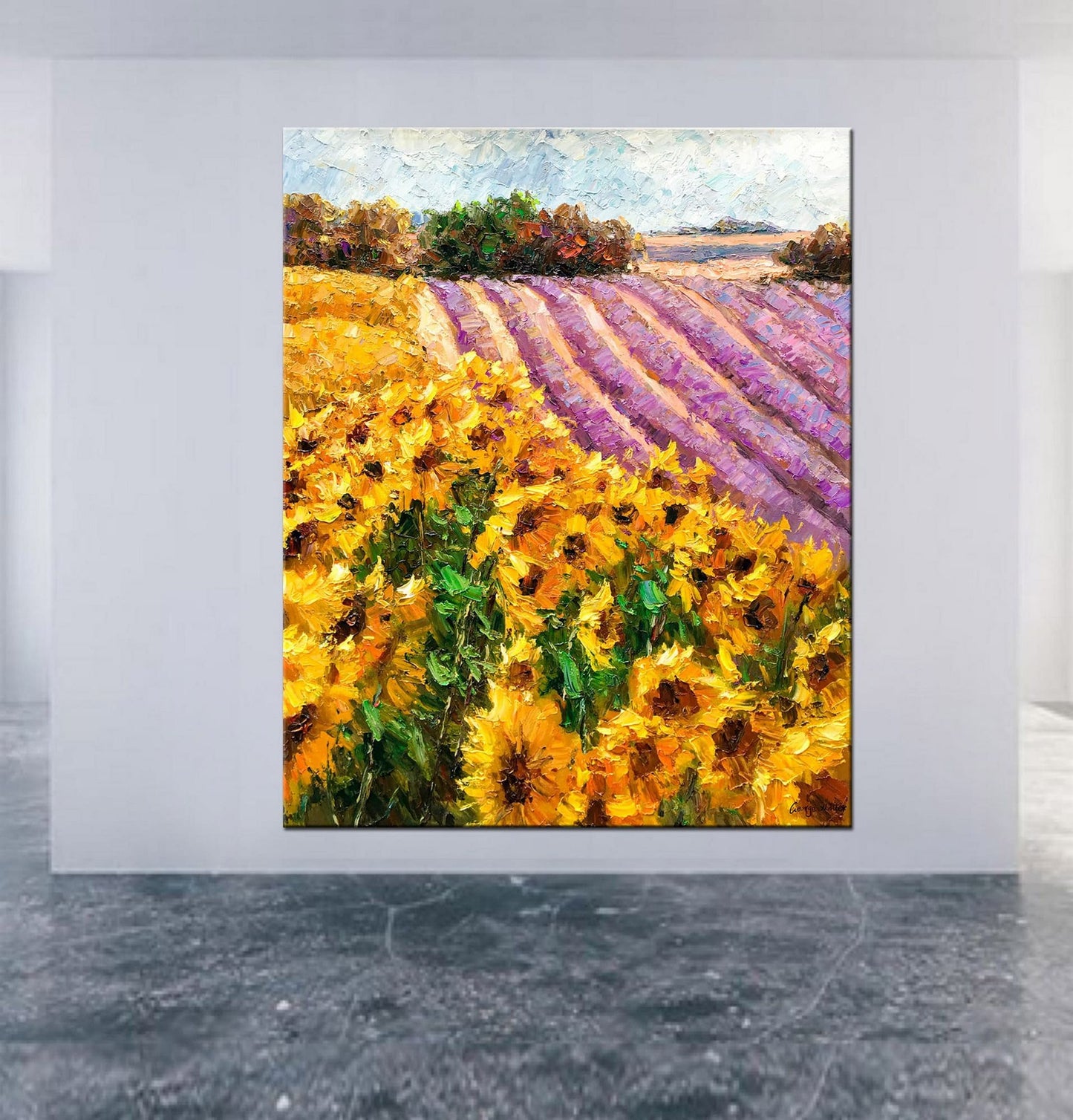 Landscape Oil Painting Lavender Fields With Sunflowers, Fine Art, Wall Art Painting, Hand Painted, Modern Art, Impasto Paintings On Canvas