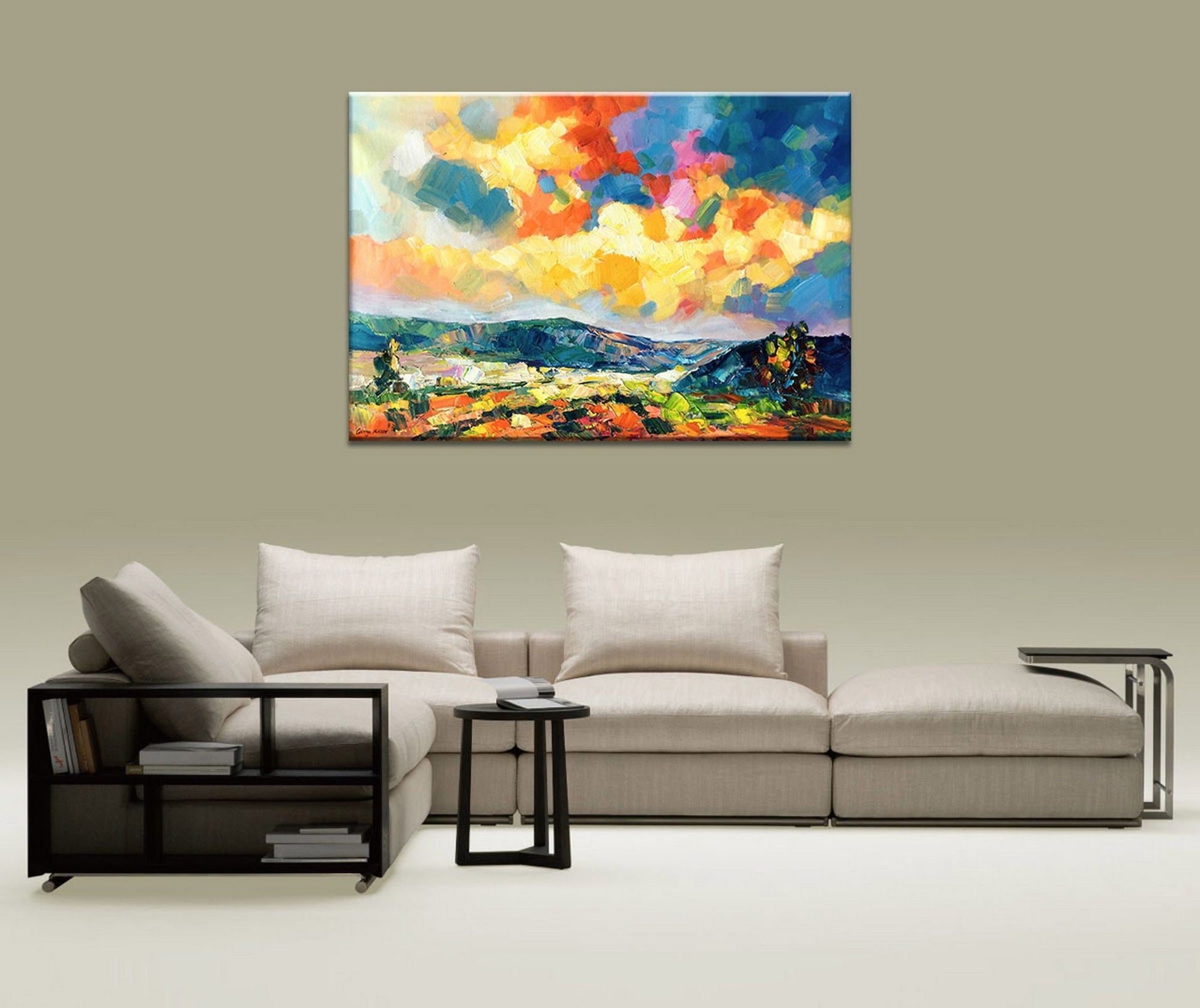 Landscape Oil Painting, Large Abstract Art, Coffee Wall Art, Living Room Decor, Original Art, Modern Art, Abstract Canvas Painting Skyscape