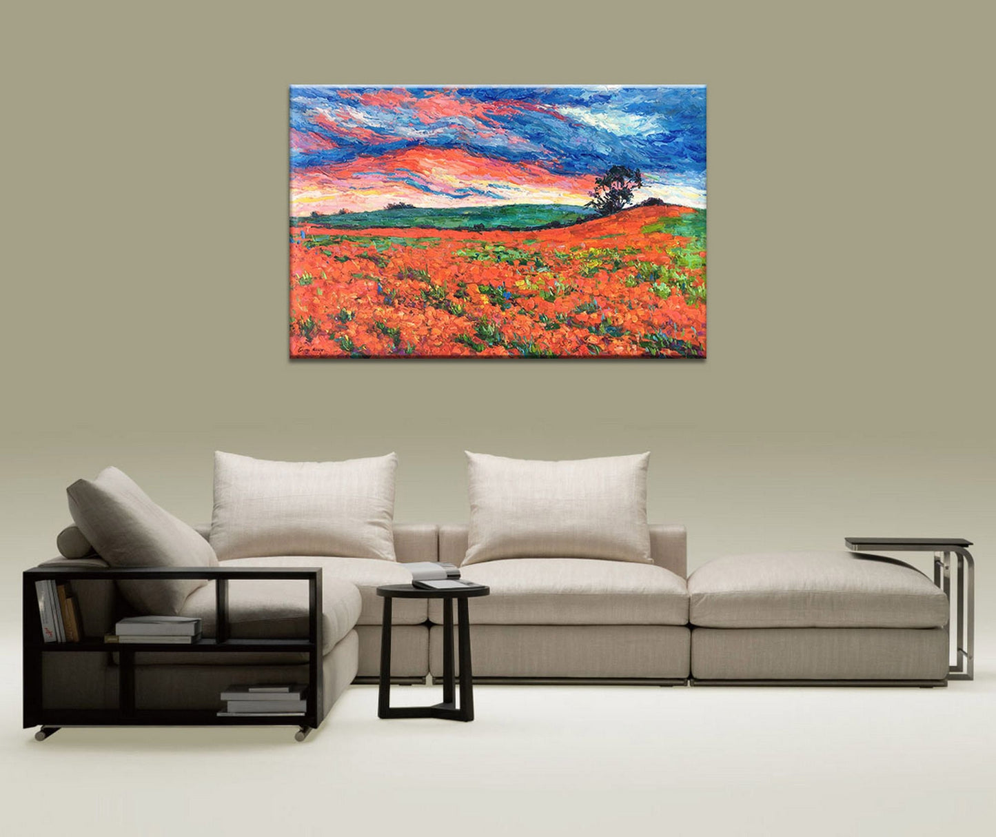 Landscape Oil Painting French Provence Poppy Fields Spring Red, Large Abstract Art, Kitchen Art, Abstract Art, Large  Wall Art, Canvas Art