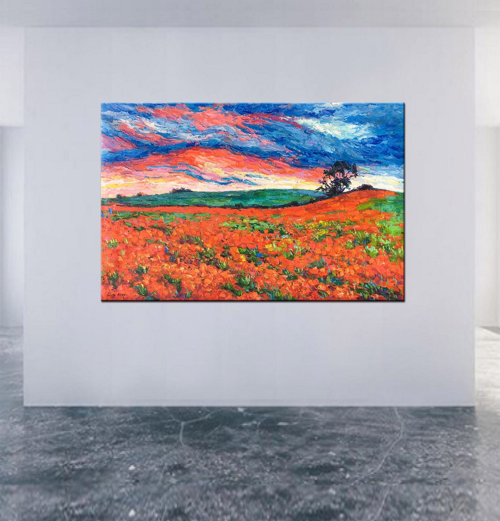 Landscape Oil Painting French Provence Poppy Fields Spring Red, Large Abstract Art, Kitchen Art, Abstract Art, Large  Wall Art, Canvas Art