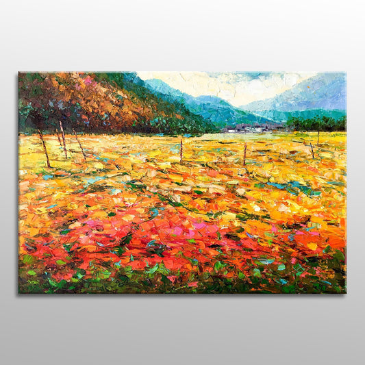 Large Oil Painting Landscape Spring Fields by the Mountain, Large Canvas Wall Art, Original Oil Painting, Original Landscape Painting Yellow