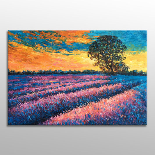 Landscape Oil Painting French Provence Lavender Fields Sunset, Wall Art, Large Painting, Handmade Painting, Modern Painting, Impasto
