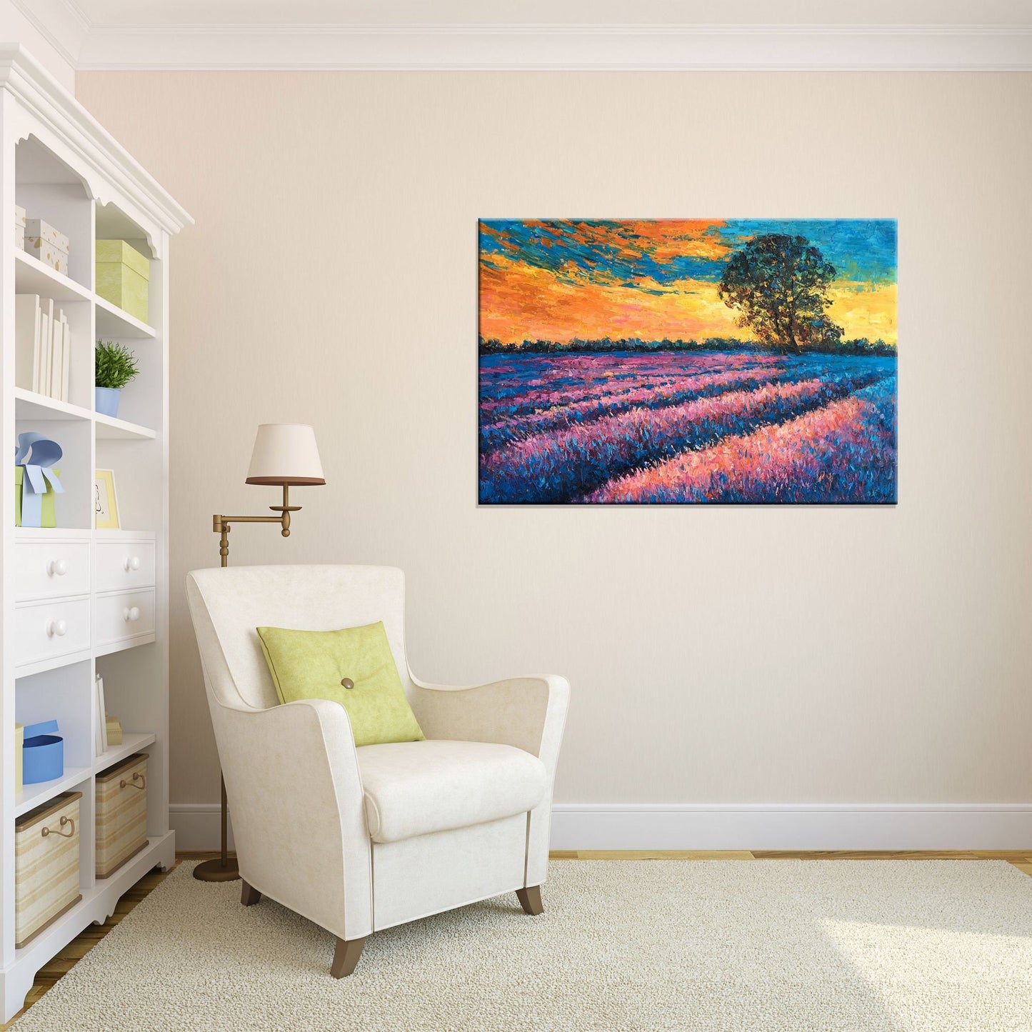 Landscape Oil Painting French Provence Lavender Fields Sunset, Wall Art, Large Painting, Handmade Painting, Modern Painting, Impasto