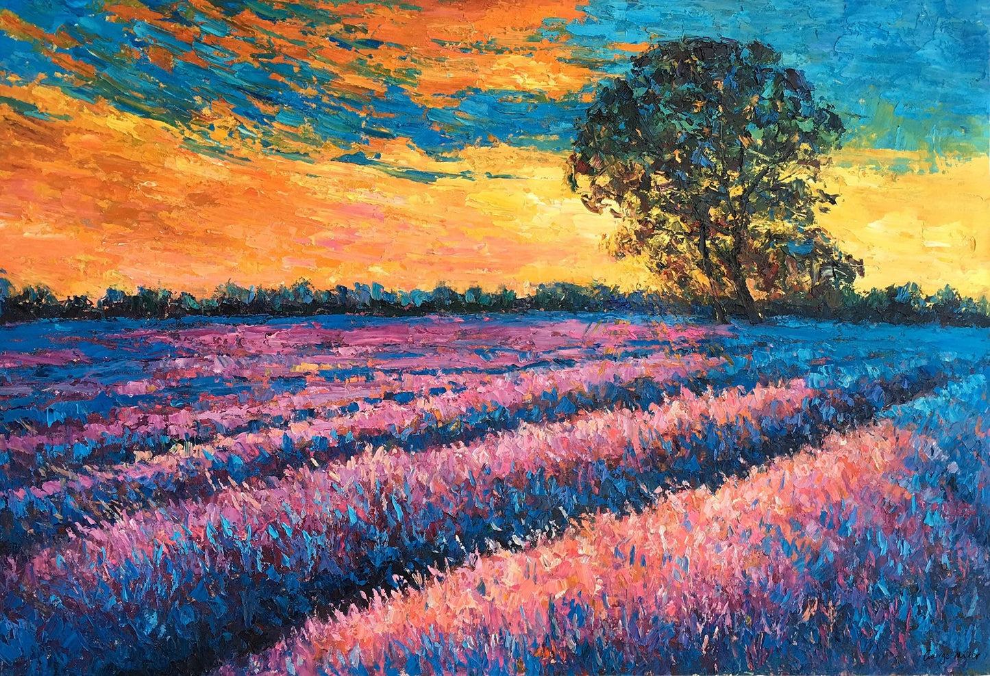 Landscape Oil Painting French Provence Lavender Fields Sunset, Wall Art, Large Painting, Handmade Painting, Modern Painting, Impasto