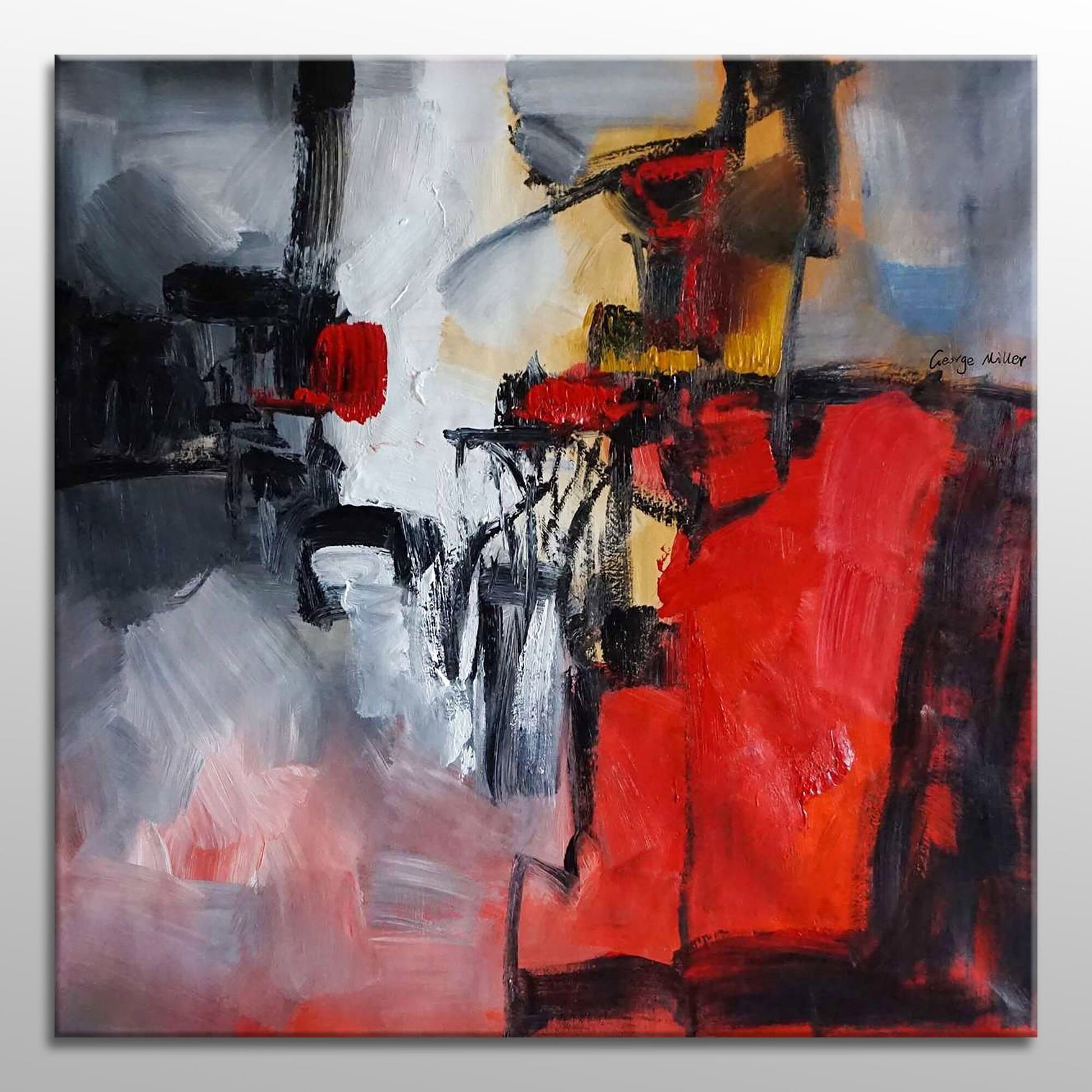 Square Abstract Oil Painting Minimalist Black And Red, Canvas Wall Art, Oil On Canvas Painting, Canvas Wall Art Abstract, Oversized Painting