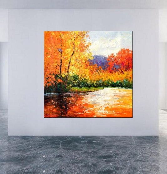 Oil Painting Autumn Trees By The River, Canvas Art, Oil Painting, Landscape Wall Art, Oversized Wall Art, Handmade Painting, Rustic Painting