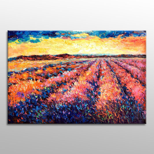 Large Landscape Oil Painting Tuscany Lavender Fields Spring Sunrise, Oil Painting Original, Canvas Art, Abstract Painting, Abstract Wall Art