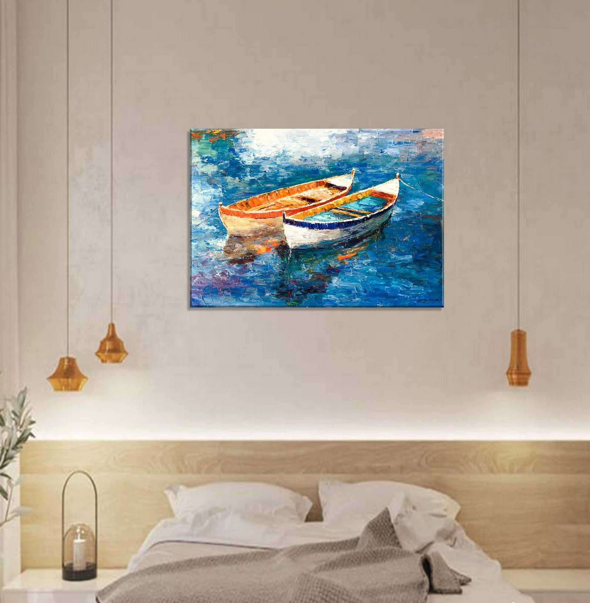 Large Oil Painting Fishing Boats, Living Room Wall Art, Original Oil Painting Seascape, Wall Decor, Original Artwork, Modern Canvas Painting
