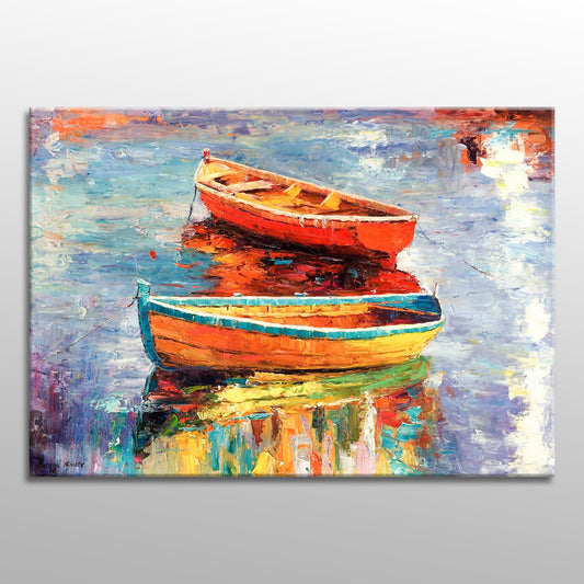 Oil Painting Fishing Boats, Abstract Canvas Painting, Kitchen Wall Art, Large Painting, Original Artwork, Large Seascape Painting Art