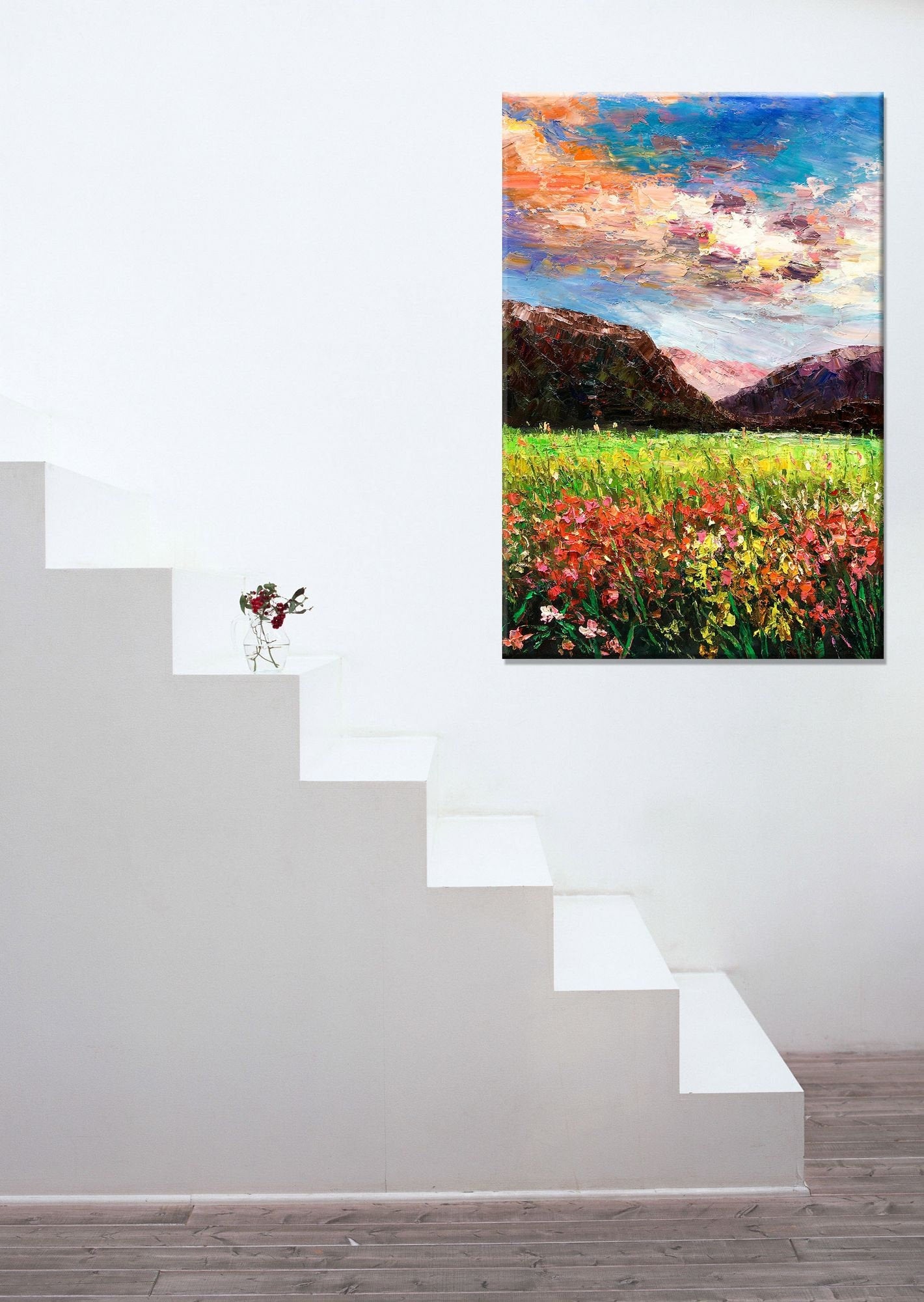 Oil Painting Spring Landscape with Hills and Flowers, Oil Painting Original, Canvas Painting, Landscape Painting, Large Wall Art Painting