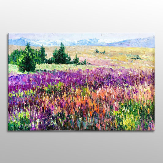 Large Oil Painting Landscape Spring Flower Fields, Large Wall Decor, Canvas Painting, Contemporary Painting, Landscape Oil Painting Purple
