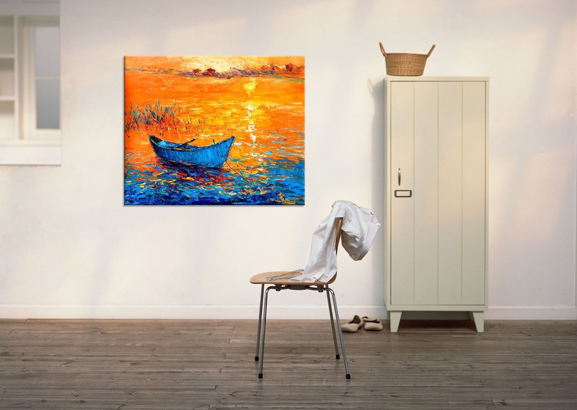 Oil Painting Fishing Boat At Sea Sunset, Wall Art, Oil Painting