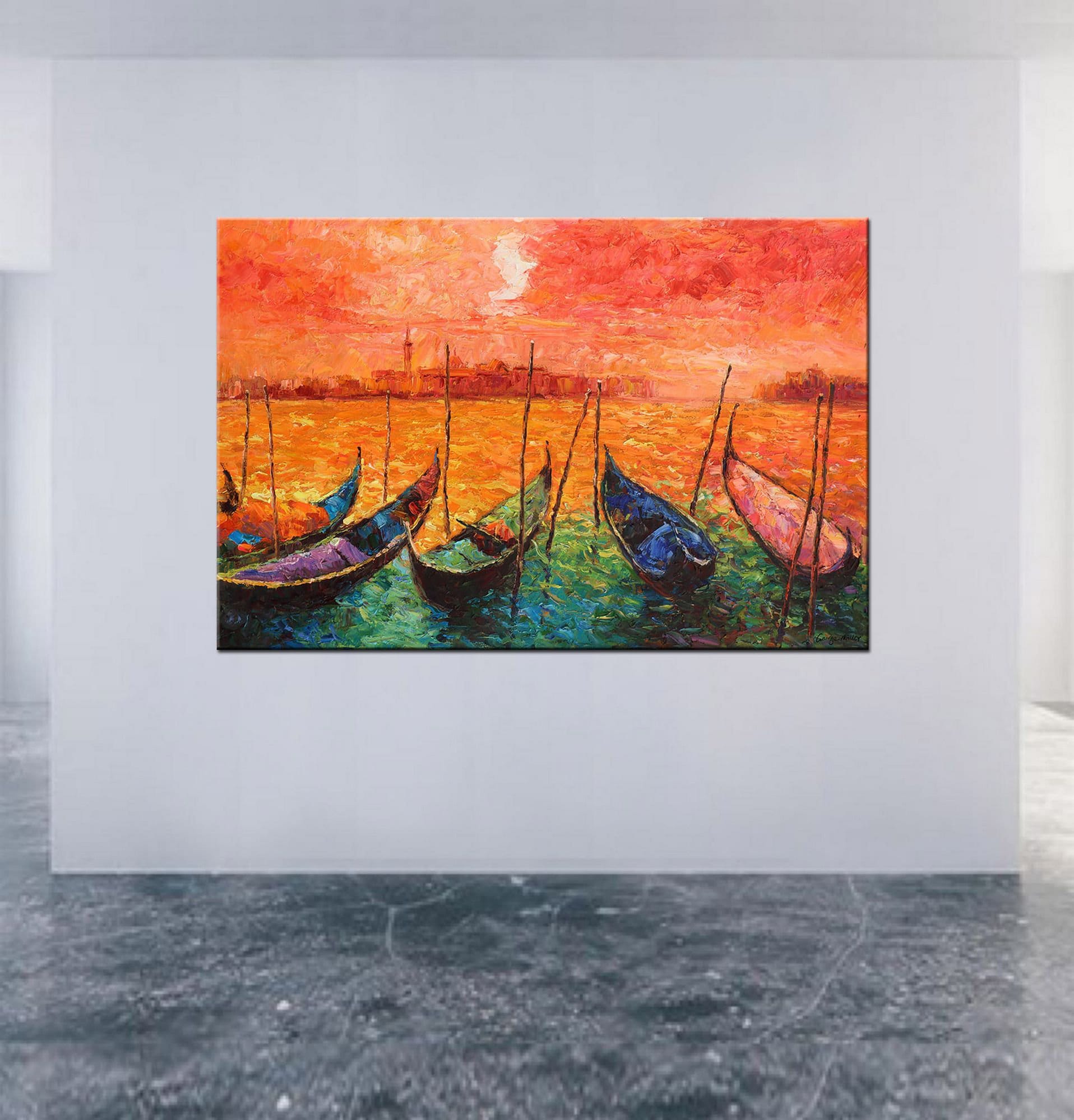 Oil Painting Venice at Dawn Gondolas, Modern Wall Art, Modern Art, Canvas Art, Original Oil Painting Landscape, Rustic Living Room Decor