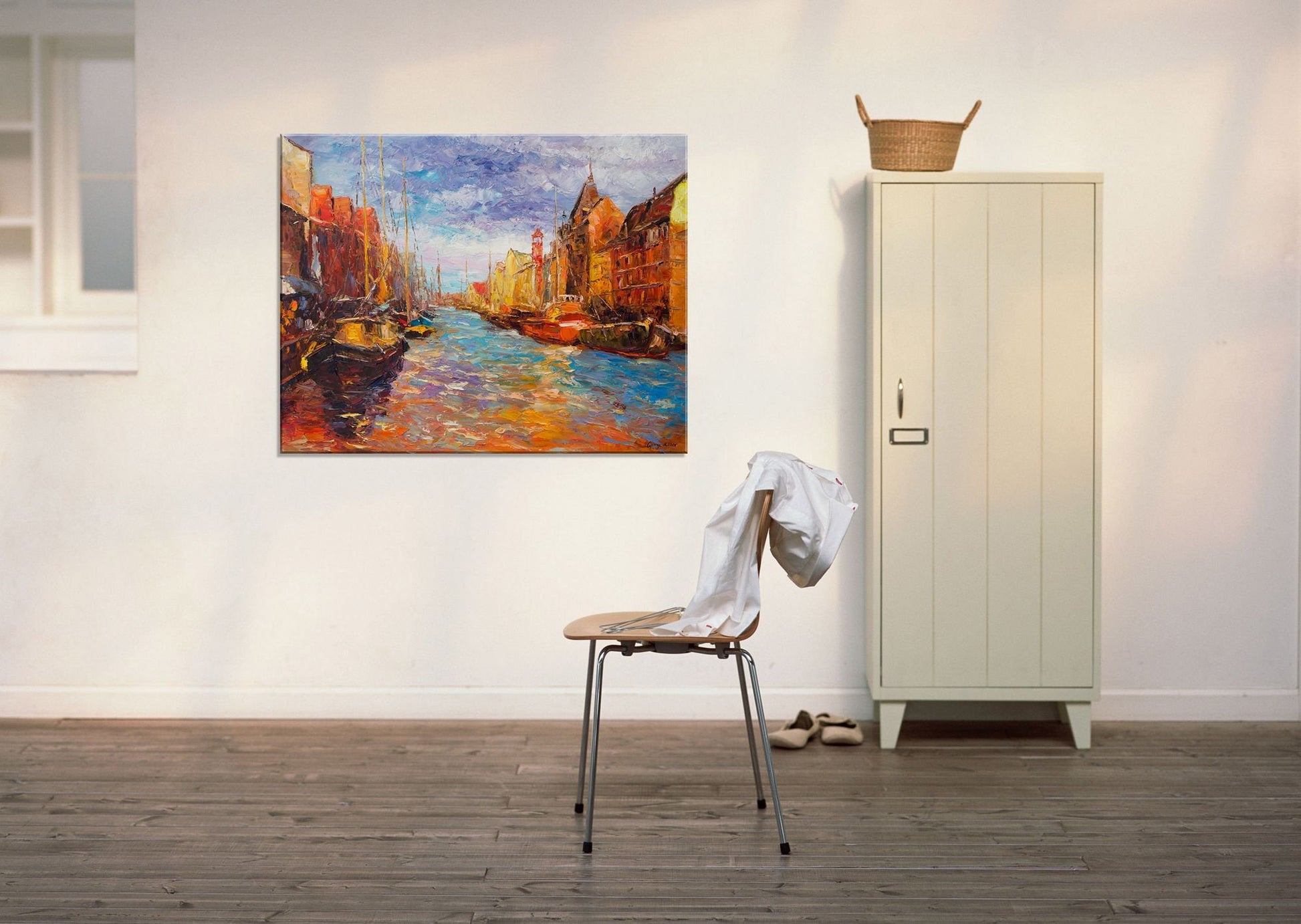 Oil Painting Amsterdam Canal Boats, Abstract Painting, Canvas Painting, Contemporary Art, Living Room Decor, Large Landscape Painting