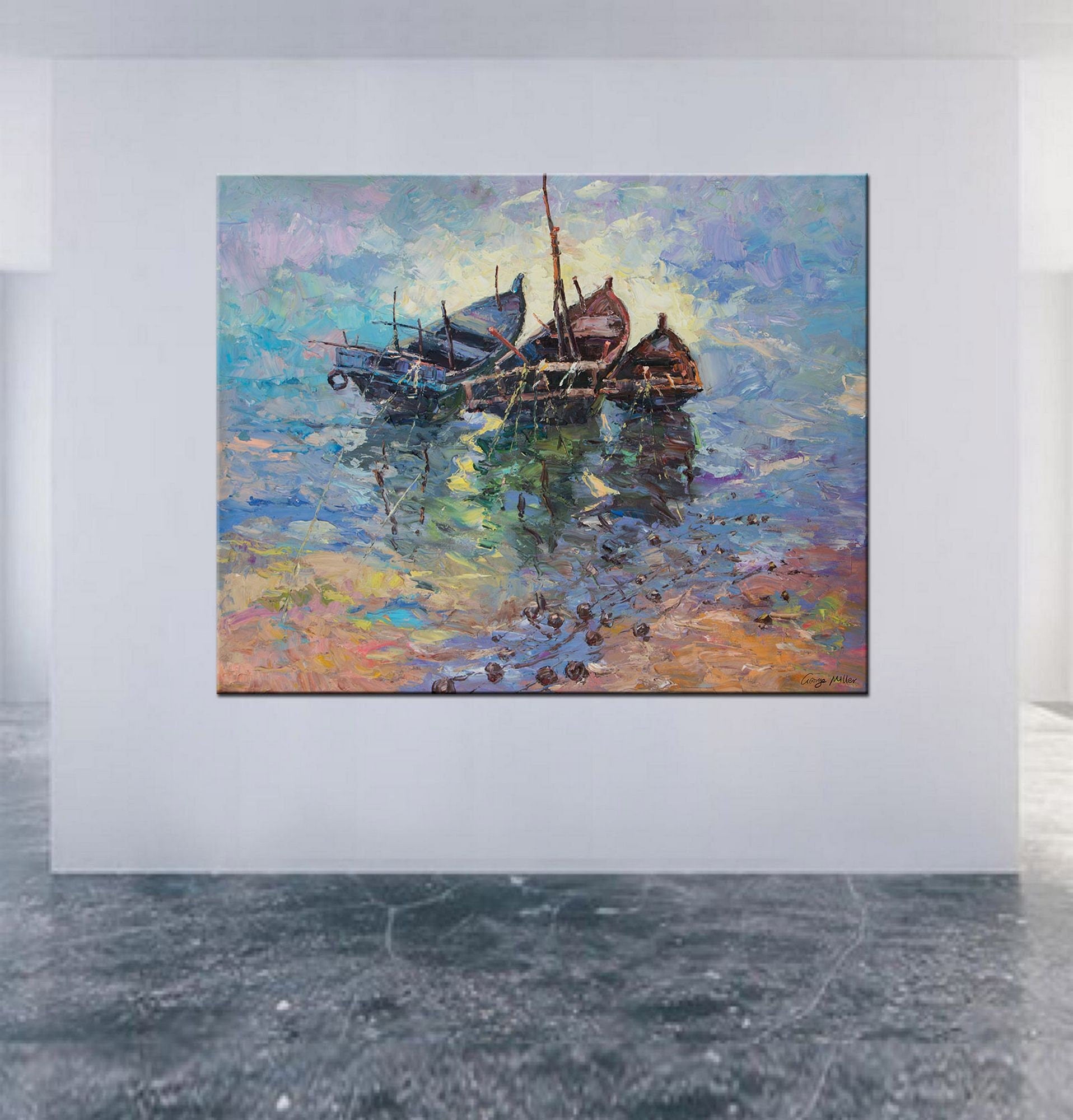 Large Oil Painting Fishing Boats at Sea, Canvas Painting, Contemporary Art, Living Room Decor, Large Oil Painting, Large Seascape Painting
