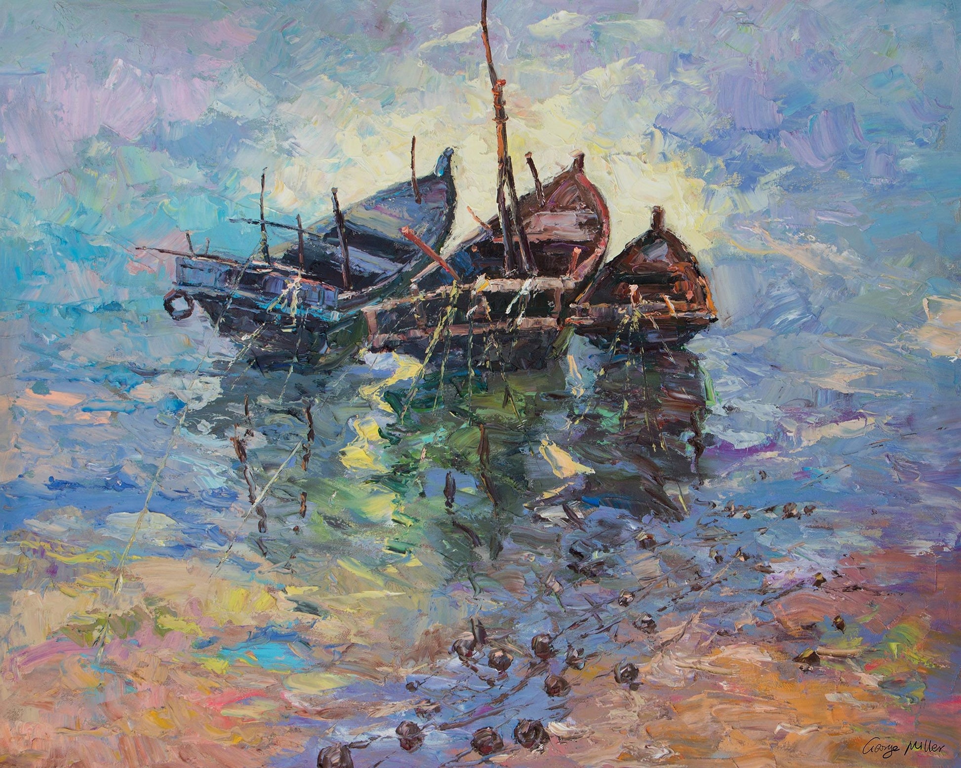 Large Oil Painting Fishing Boats at Sea, Canvas Painting, Contemporary Art, Living Room Decor, Large Oil Painting, Large Seascape Painting