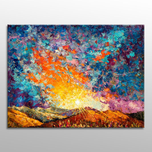 Oil Painting Mountain Landscape Sunrise, Wall Art, Paintings On Canvas, Landscape Painting, Large Wall Art, Handmade, Rustic Oil Painting