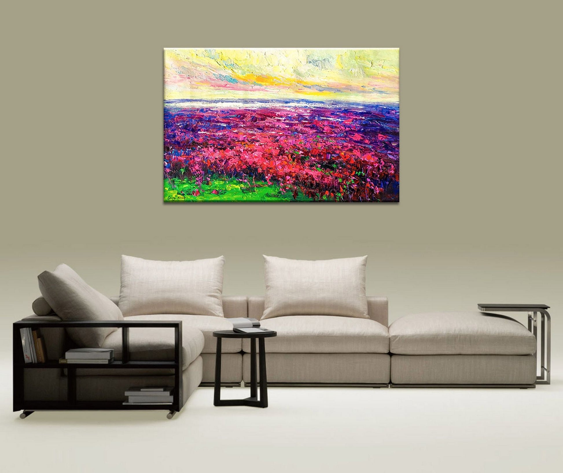 Large Landscape Oil Painting Spring Flower Fields Red and Purple, Modern Painting, Kitchen Wall Art, Canvas Art, Large Landscape Painting