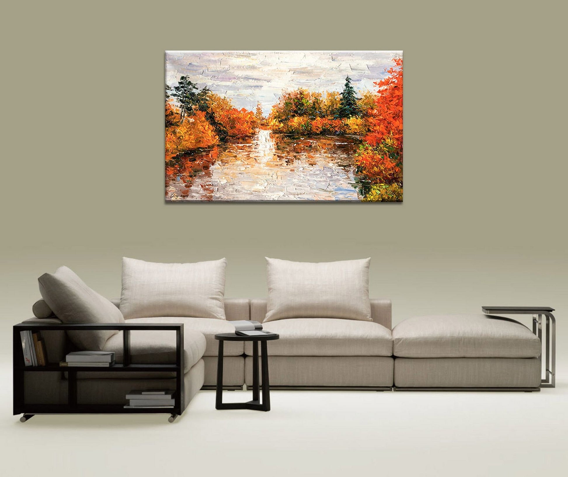 Large Landscape Oil Painting Autumn Forest by the River, Abstract Painting, Abstract Wall Art, Kitchen Wall Decor, Modern Painting, Orange