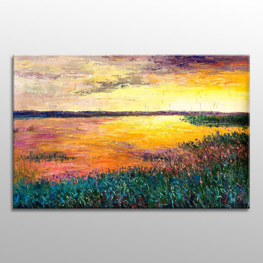 Oil Painting Landscape Riverside Sunset, Wall Art, Wall Art Painting, Abstract Landscape, Extra Large Painting, Handmade Art, Contemporary