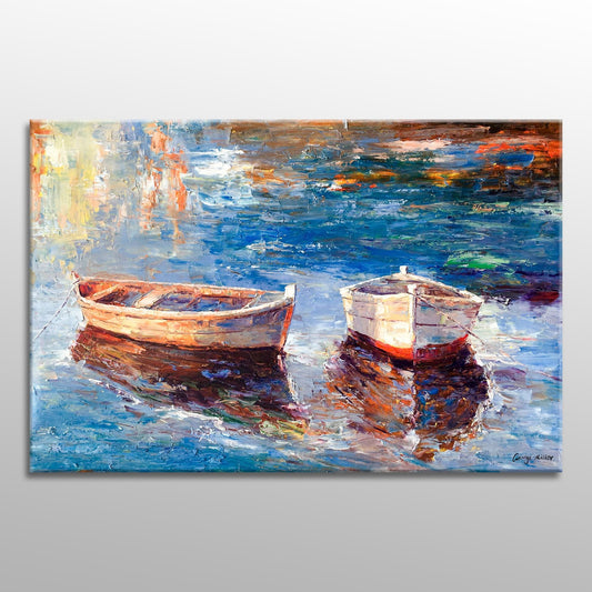 Large Oil Painting Fishing Boats, Wall Hanging, Large Abstract Painting, Wall Decor, Landscape Painting, Canvas Art, Painting Abstract
