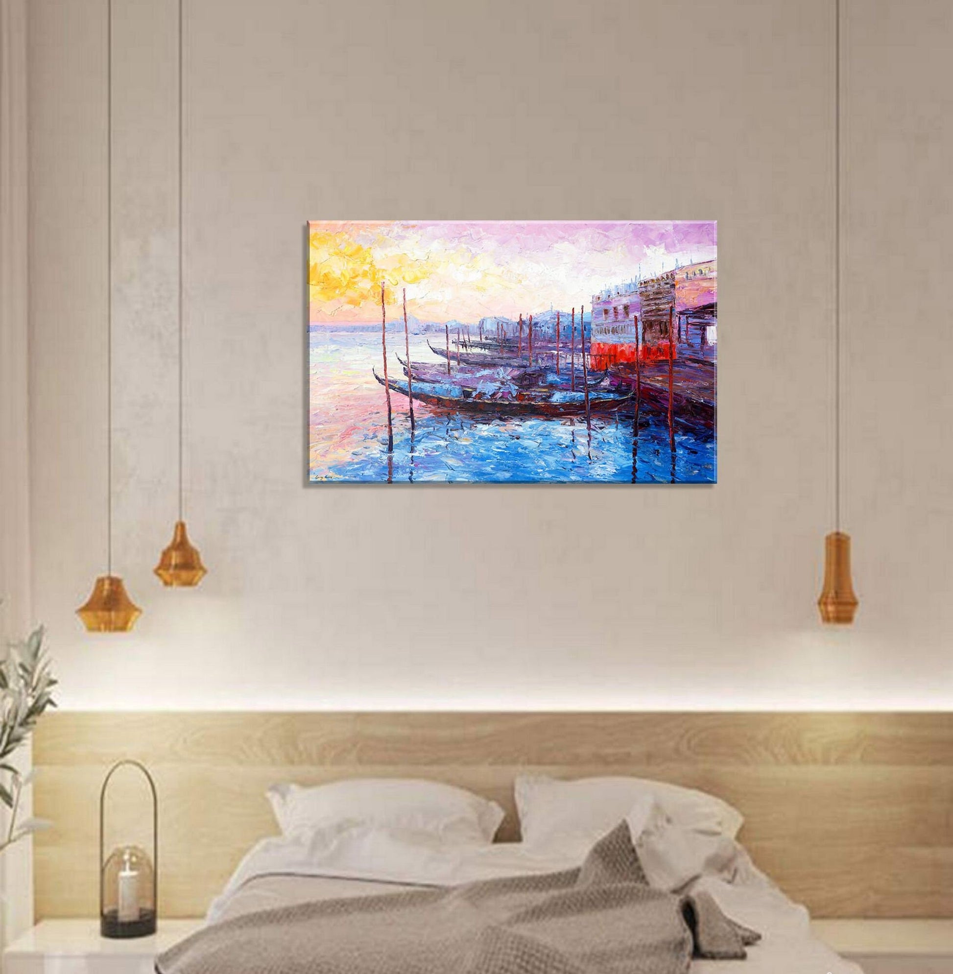Oil Painting Venice Gondora Grand Canal Sunrise, Fine Art, Wall Art Painting, Extra Large Abstract Painting, Handmade Art, Modern Painting