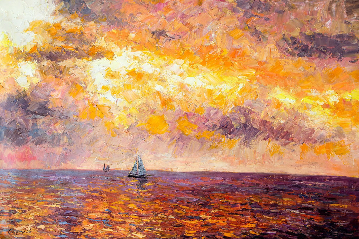 Large Oil Painting Sailboats at Sea Sunrise, Abstract Painting, Canvas Painting, Contemporary Art Living Room Decor, Large Seascape Painting