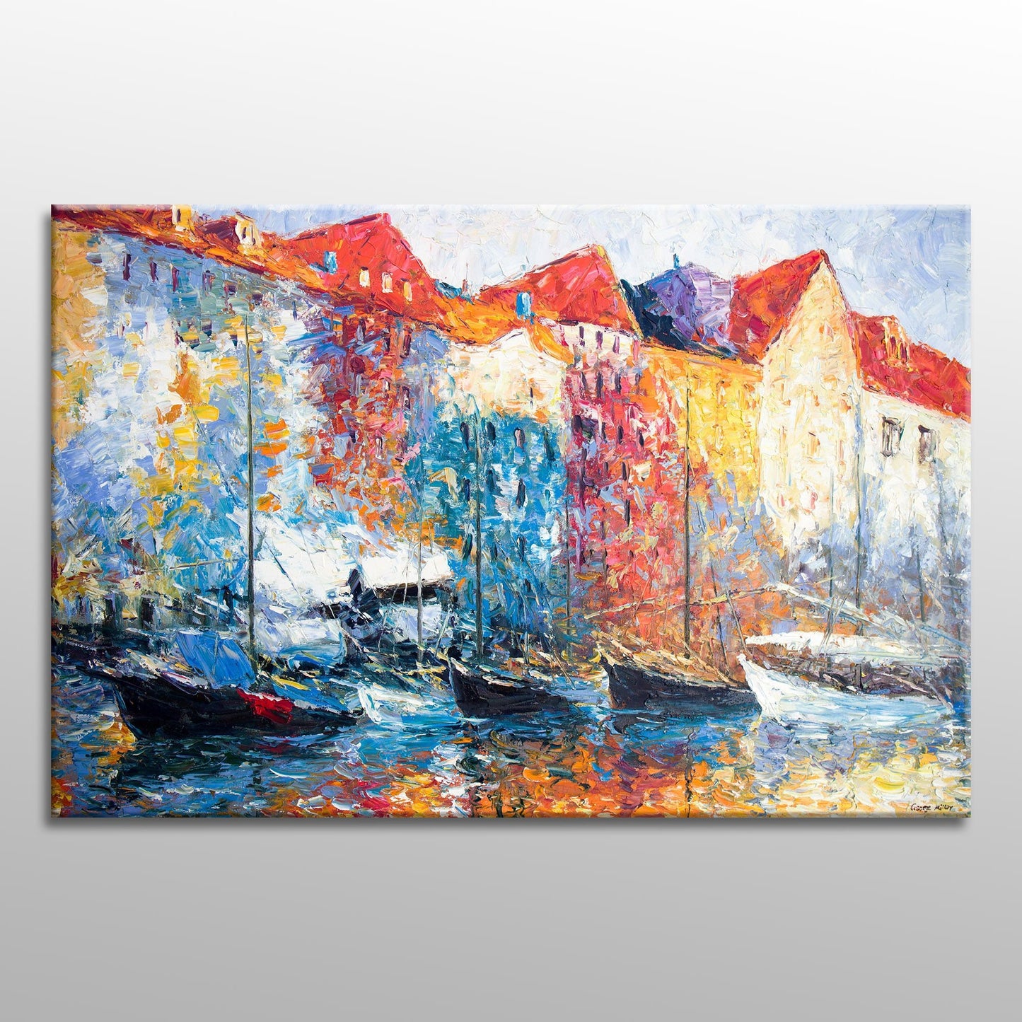 Large Oil Painting Cityscape Amsterdam Boats, Abstract Wall Art, Contemporary Art, Original Painting, Oil Painting Seascape Large Canvas Art