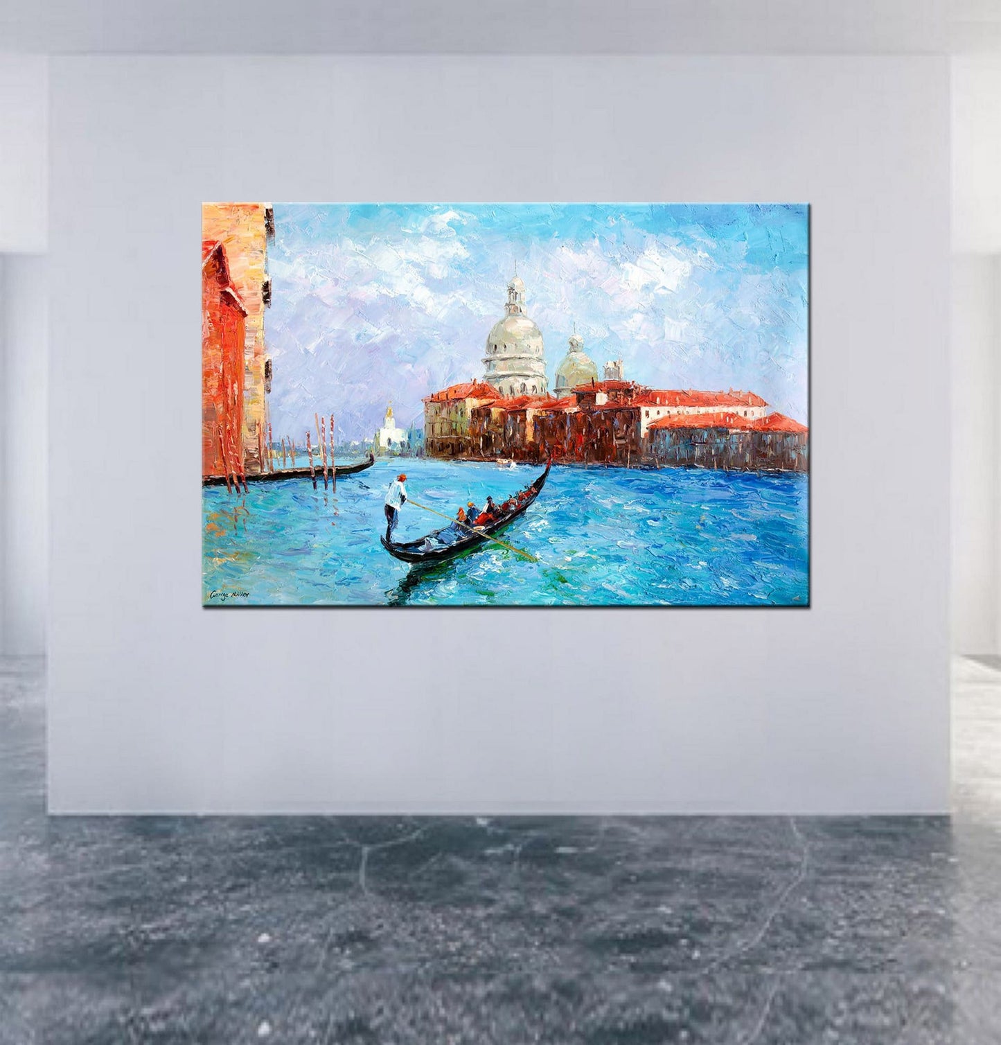 Large Oil Painting Venice Grand Canal Gondora, Canvas Painting, Original Oil Painting Seascape, Large Abstract Art, Palette Knife Art, Blue