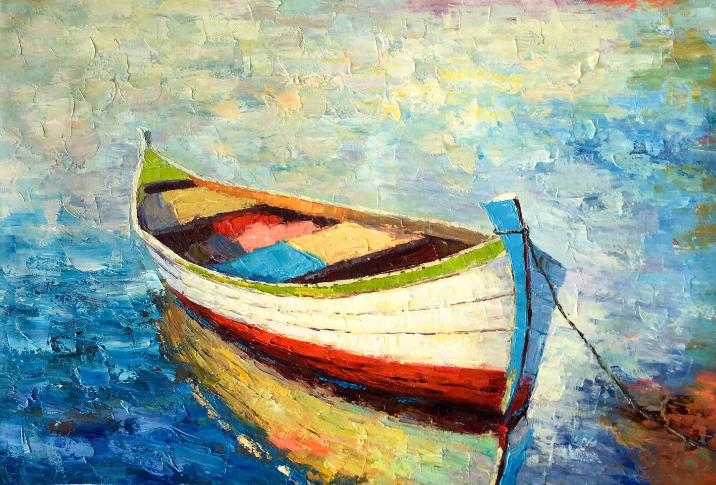 Large Oil Painting Fishing Boat Seascape Bedroom Decor, Aesthetic Room Decor, Unique Wall Art, Canvas Wall Art Abstract, Oil Painting Blue