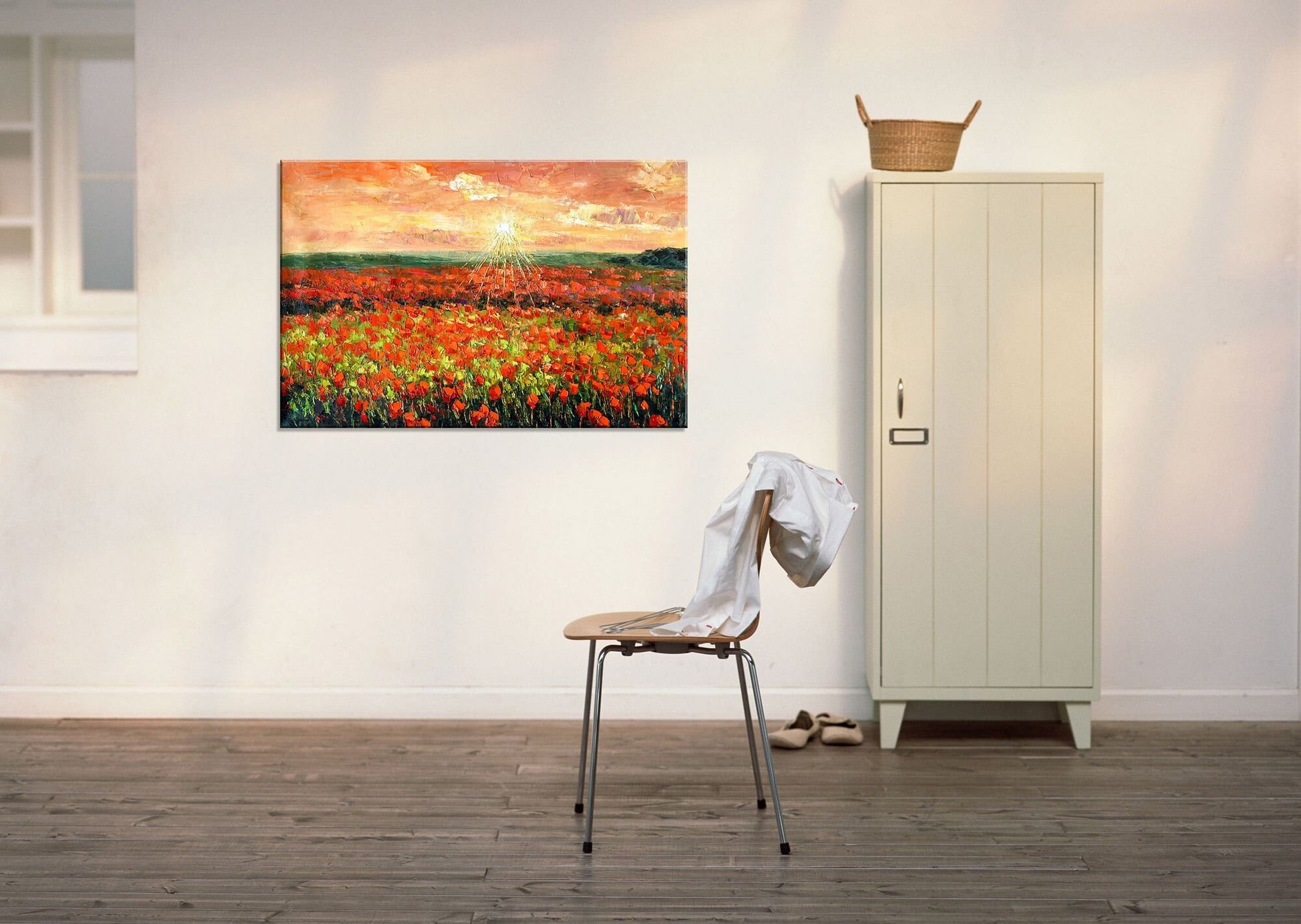 Large Landscape Oil Painting Poppy Fields at Dawn, Original Artwork, Canvas Painting, Canvas Wall Decor, Large Painting, Kitchen Wall Art