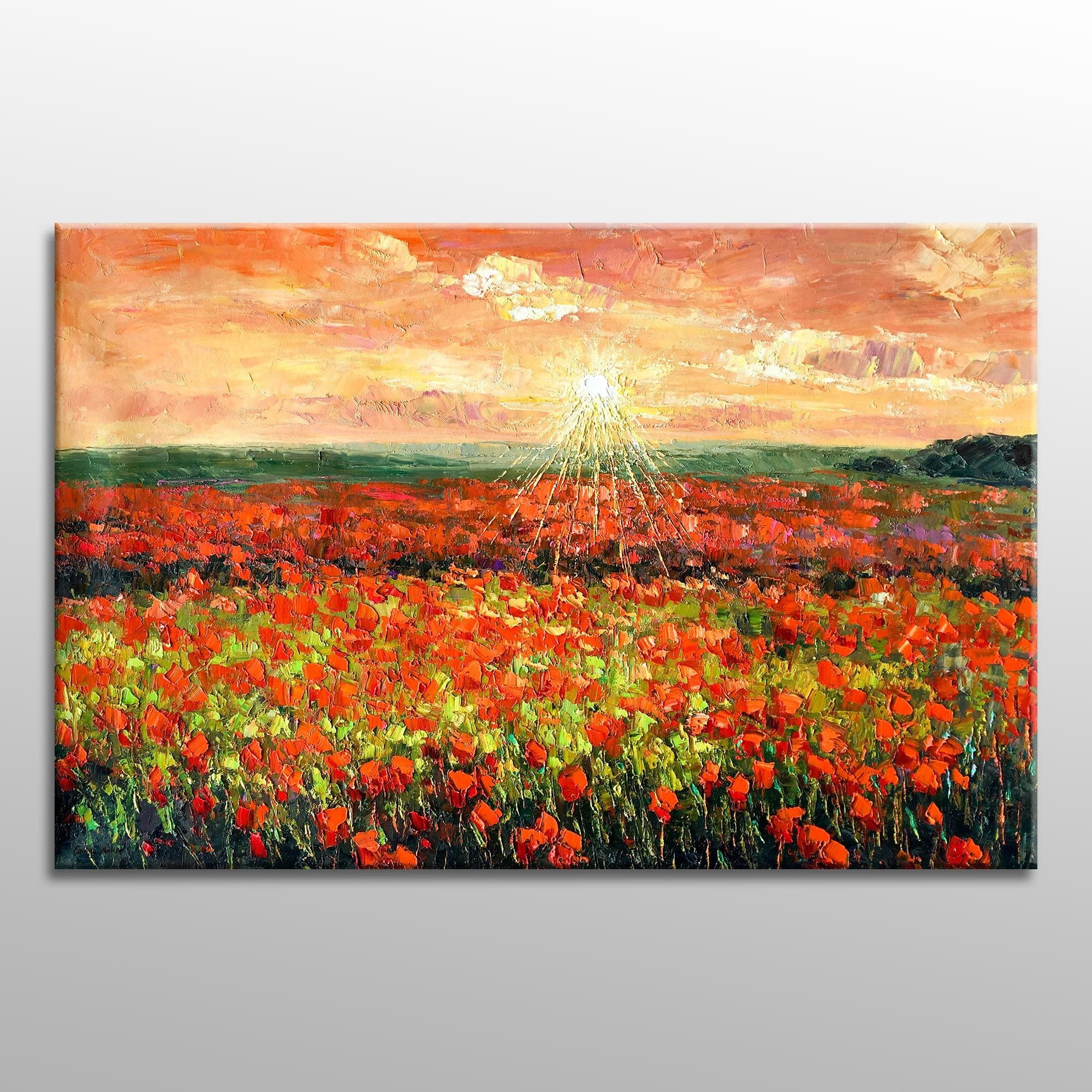 Poppy Haze - ORIGINAL OIL PAINTING, Flower Field Landscape, flower meadow, poppy field at dawn, red store gray art, 18x24cm