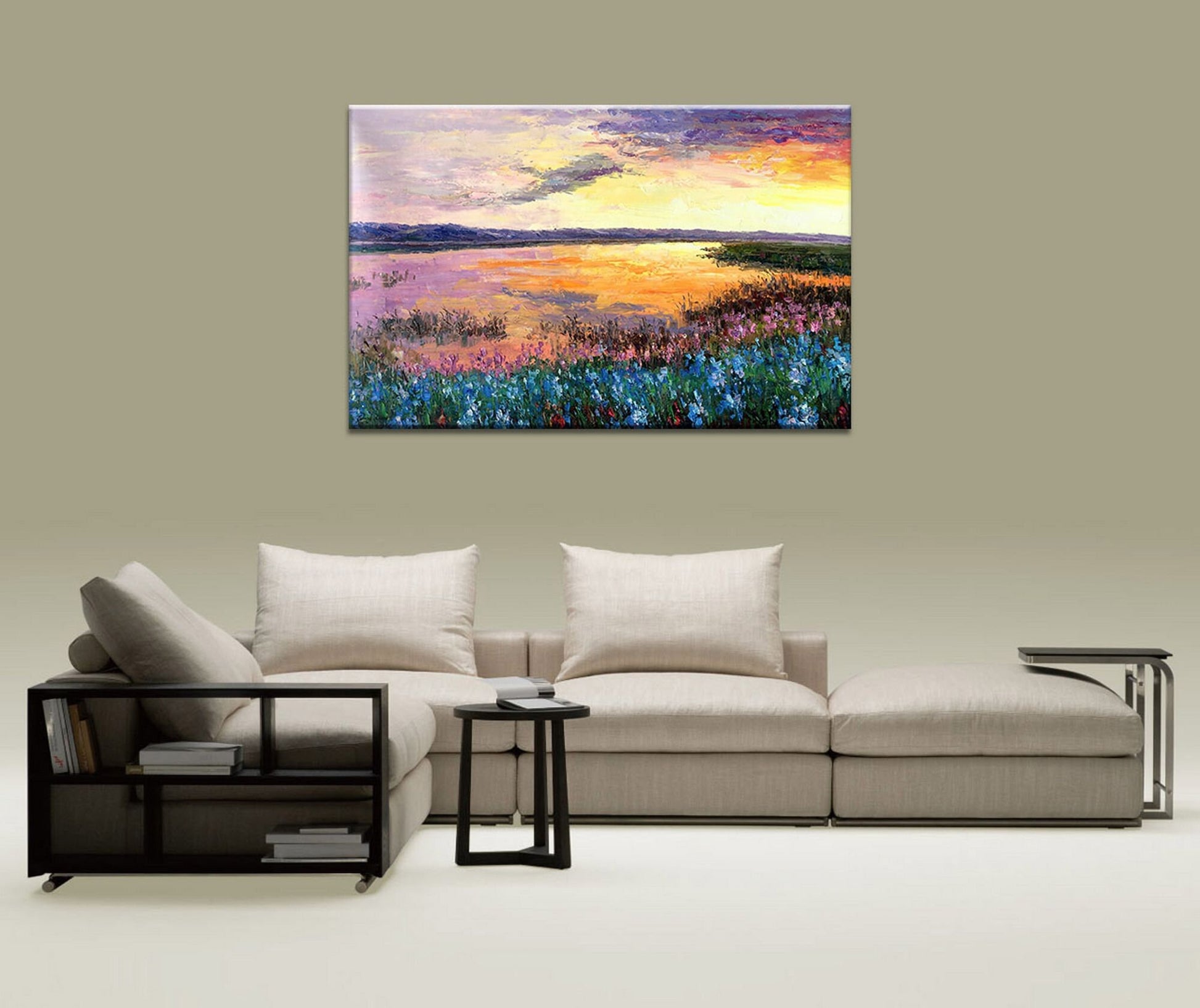 Large Oil Painting, Sunset by the River, Original Painting, Contemporary Painting, Landscape Painting, Large Canvas Wall Art, Wall Decor