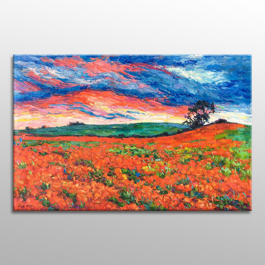 Landscape Oil Painting French Provence Poppy Fields Spring Red, Large Abstract Art, Kitchen Art, Abstract Art, Large Wall Art, Canvas Art