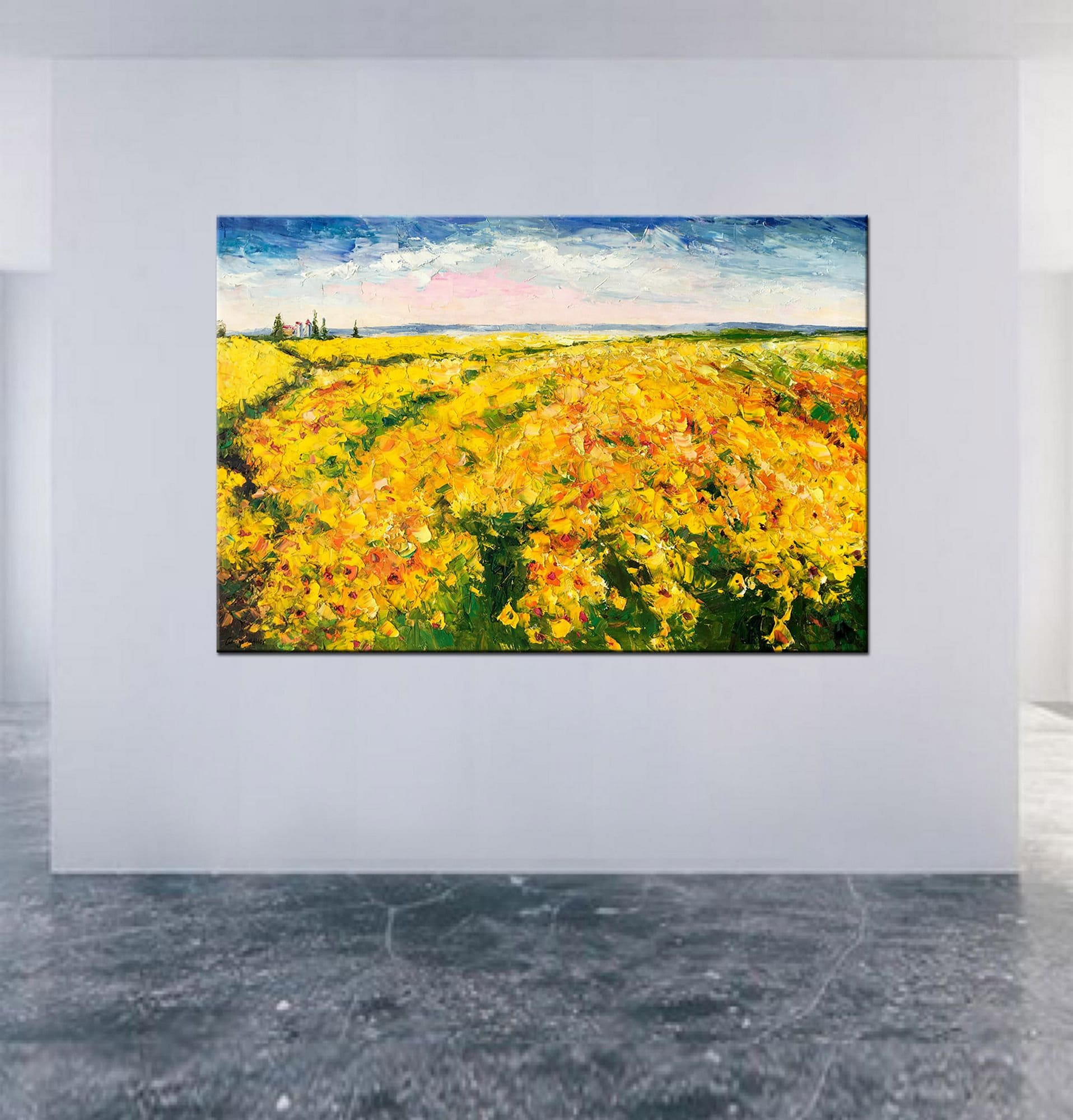 Large Art Oil Painting Landscape Yellow Flower Fields Tuscany, Painting Abstract, Contemporary Painting, Original Abstract Painting Textured