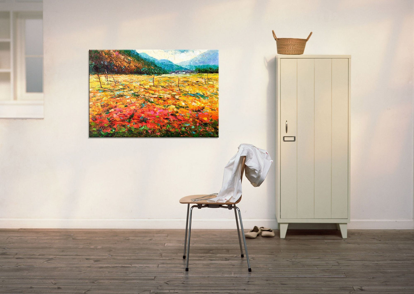 Large Oil Painting Landscape Spring Fields by the Mountain, Large Canvas Wall Art, Original Oil Painting, Original Landscape Painting Yellow