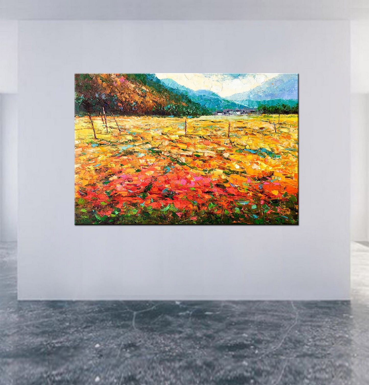 Large Oil Painting Landscape Spring Fields by the Mountain, Large Canvas Wall Art, Original Oil Painting, Original Landscape Painting Yellow