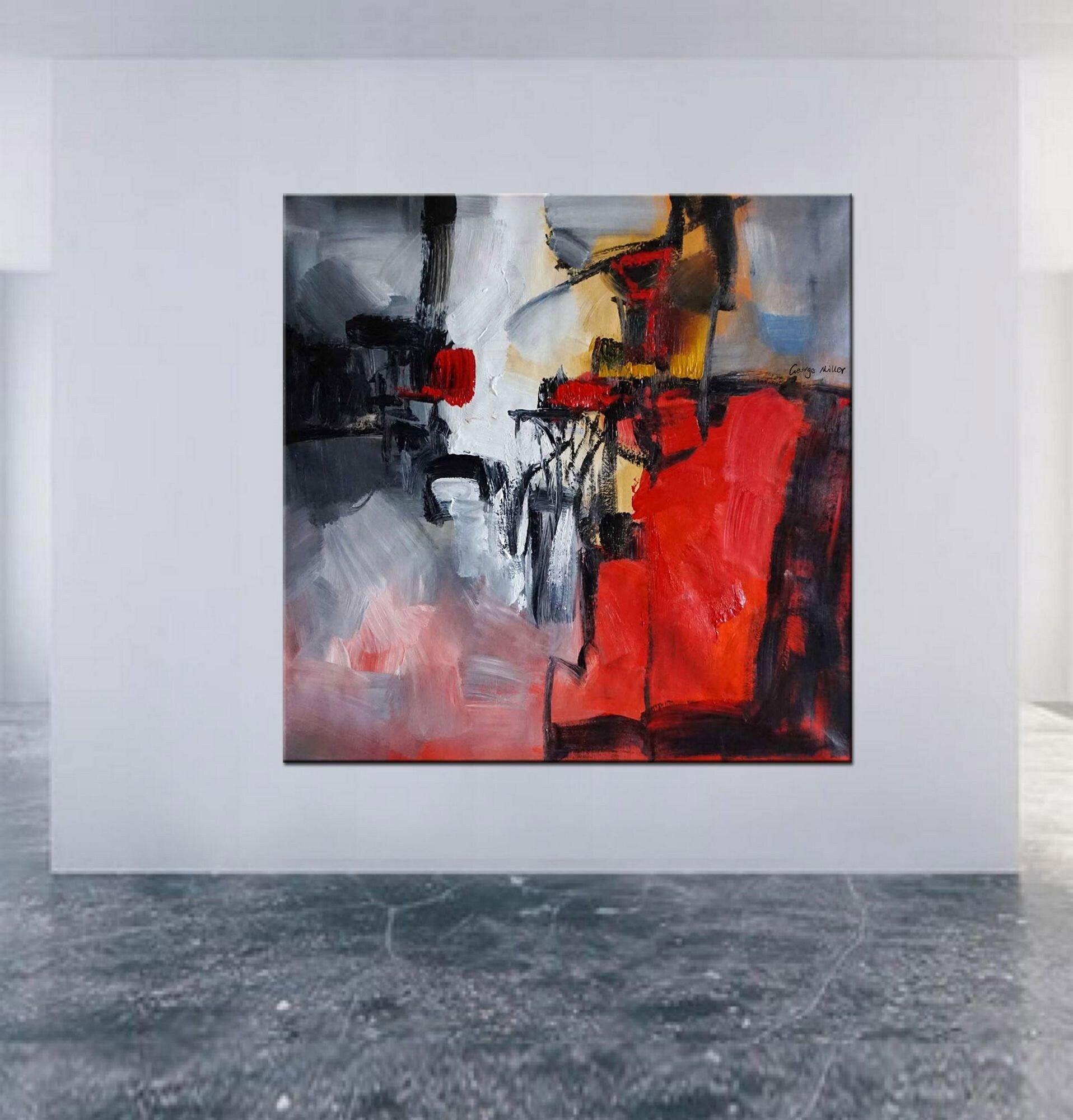 Square Abstract Oil Painting Minimalist Black And Red, Canvas Wall Art, Oil On Canvas Painting, Canvas Wall Art Abstract, Oversized Painting