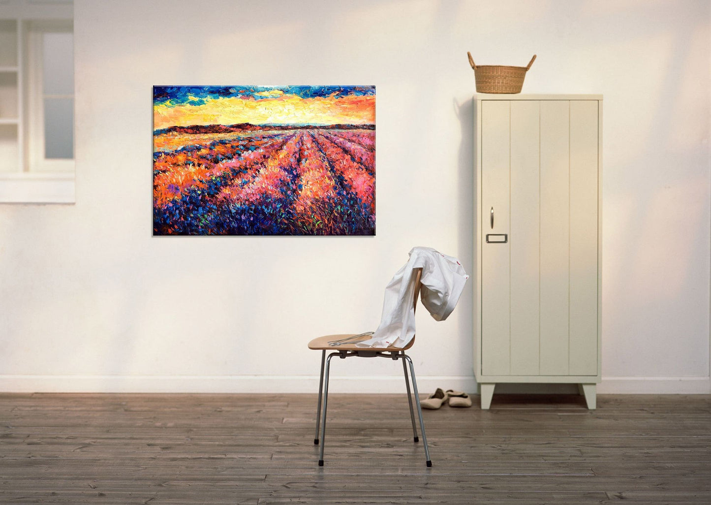 Large Landscape Oil Painting Tuscany Lavender Fields Spring Sunrise, Oil Painting Original, Canvas Art, Abstract Painting, Abstract Wall Art