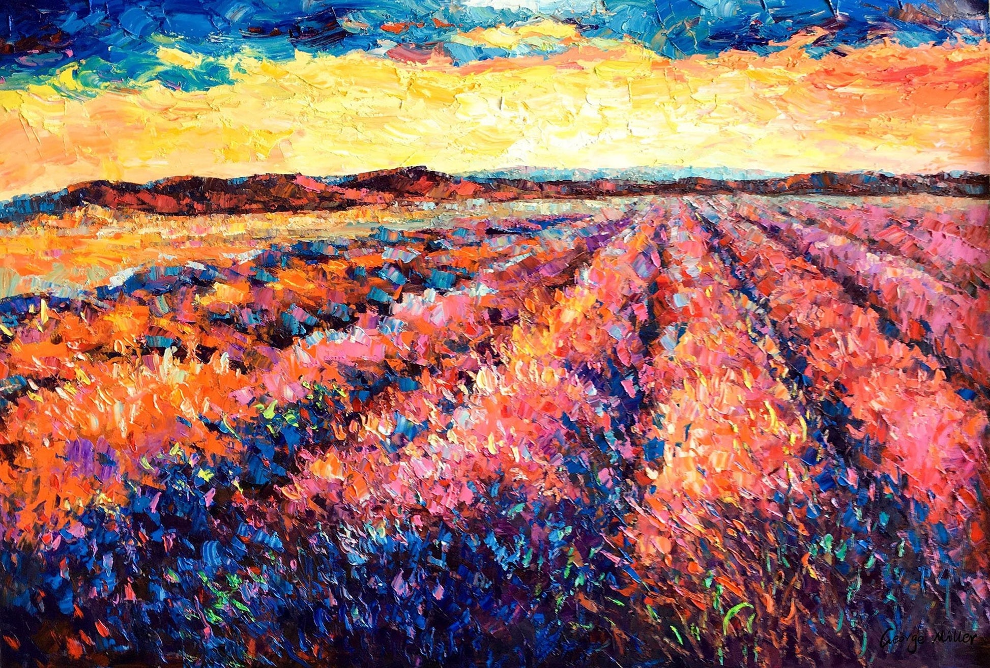 Large Landscape Oil Painting Tuscany Lavender Fields Spring Sunrise, Oil Painting Original, Canvas Art, Abstract Painting, Abstract Wall Art