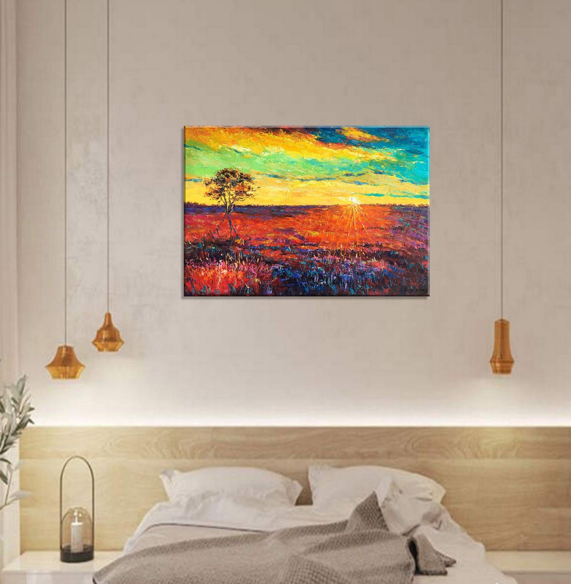 Landscape Oil Painting Tuscany Sunrise, Abstract Painting, Large Canvas Art, Modern Art, Original Oil Painting, Wall Decor, Palette Knife
