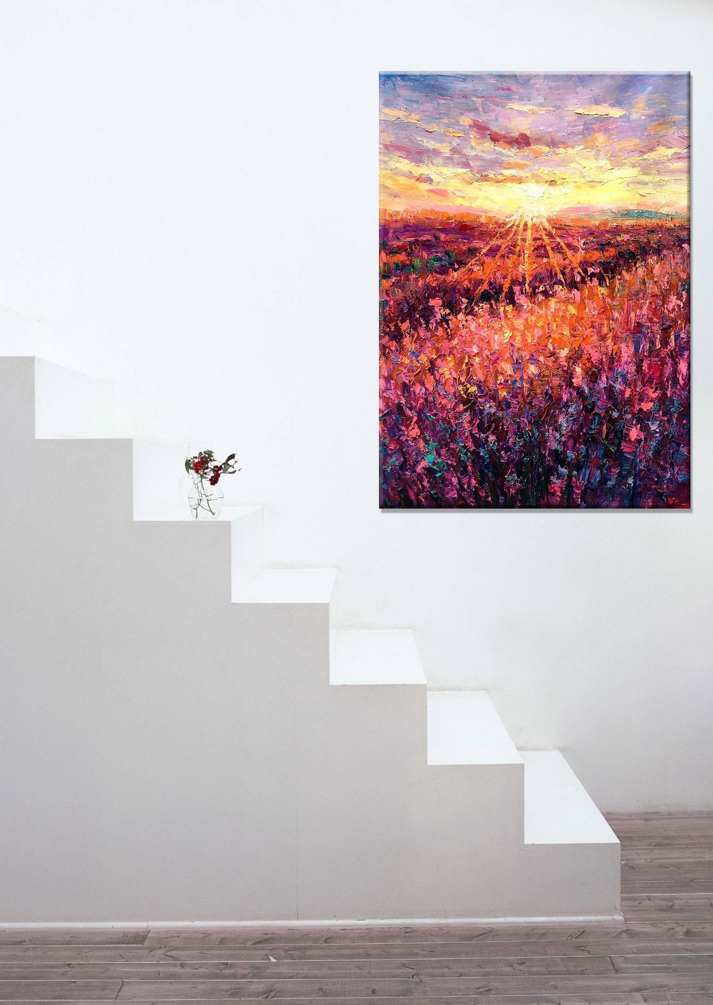 Oil Painting Landscape Flower Fields Sunset, Large Art, Oil Painting Original, Modern Art, Large Wall Art Painting, Large Landscape Painting