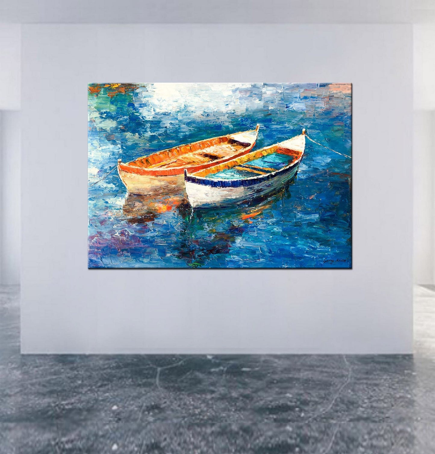 Large Oil Painting Fishing Boats, Living Room Wall Art, Original Oil Painting Seascape, Wall Decor, Original Artwork, Modern Canvas Painting
