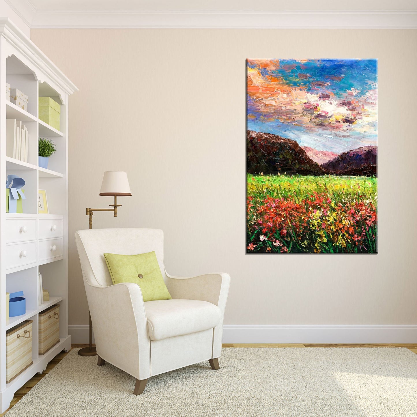 Oil Painting Spring Landscape with Hills and Flowers, Oil Painting Original, Canvas Painting, Landscape Painting, Large Wall Art Painting