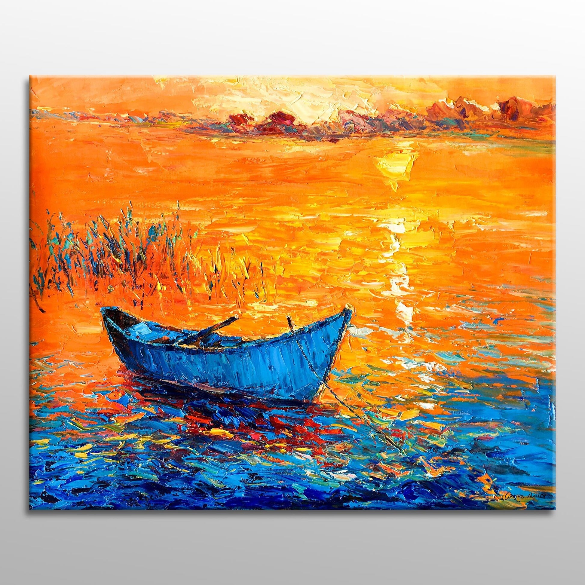 Sunset Over Lake Oil Pastel Painting Original Art Boat Painting Colorful  Landscape Lake House Decor Wall Art 