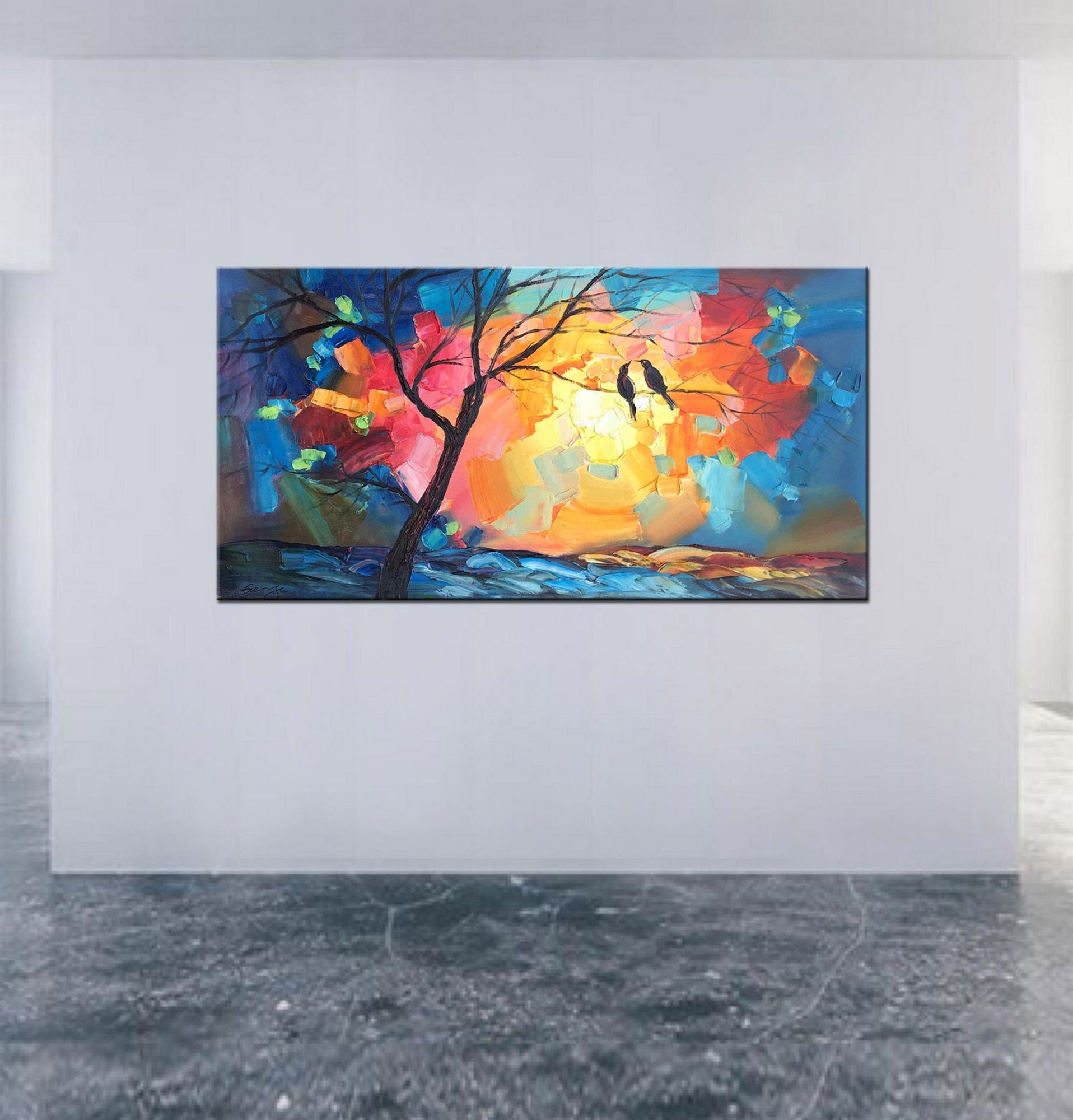 Abstract Art, Canvas Wall Art, Large Landscape Painting, Love Birds Wedding Gift, Original Abstract Painting, Abstract Canvas Painting